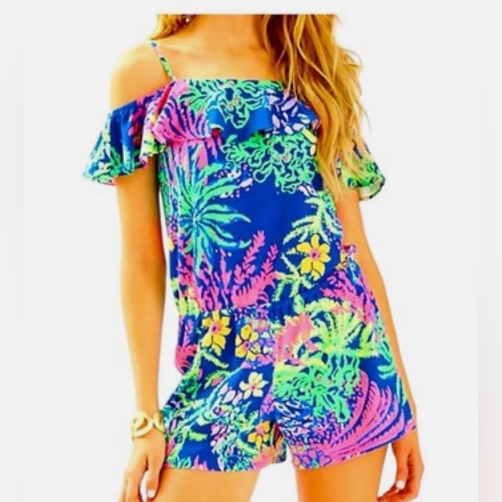 Lilly Pulitzer Klea Off The Shoulder Romper in Indigo All A Glow Print. Size XS